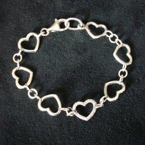 8" Sterling Silver 925 Open Hearts Center Diamond Chain Link Bracelet